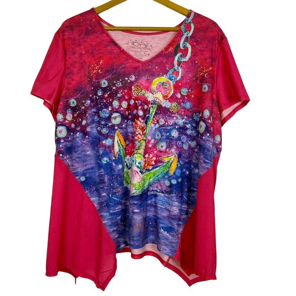 Leoma Lovegrove Womens V-Neck Top Sz XL Anchor Artwork Asymmetrical Hem - Picture 1 of 9